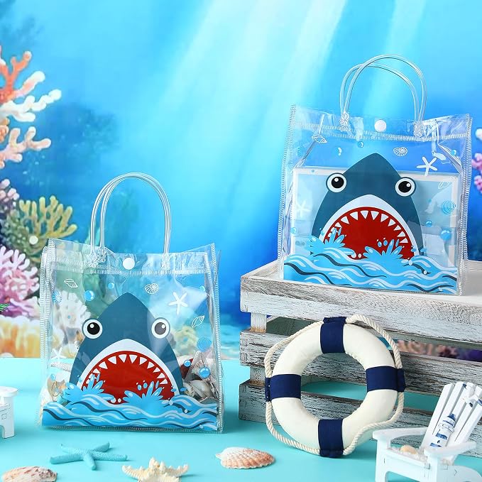 Hosuly 24 Pcs Shark Party Favor Bags with Handles, Clear PVC Blue Shark Candy Goodie Gift Bags for Summer Ocean Sea Baby Shower Birthday Party Favors Supplies, 7.9 x 7.9 x 3.1 Inch