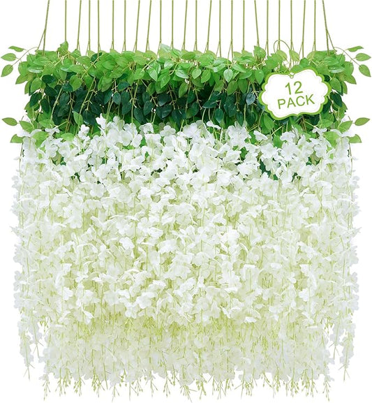 12Pcs Artificial Wisteria Hanging Flowers, 3.6Ft/Pcs White Fake Wisteria Garland for Wedding Party Home Garden Indoor Outdoor Decoration