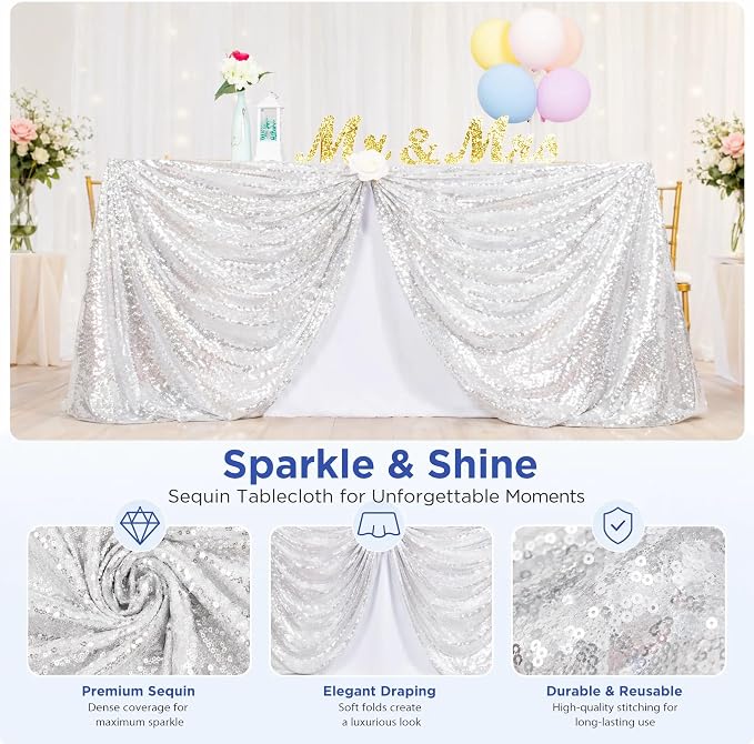ShiDianYi Silver Sequin Tablecloth 50x72, Sparkly Glitter for Wedding Party | Full Dense Sequin, Serged Edges No Falling, Seamless Mesh, for 4FT Table, Wedding Birthday Outdoor Christmas