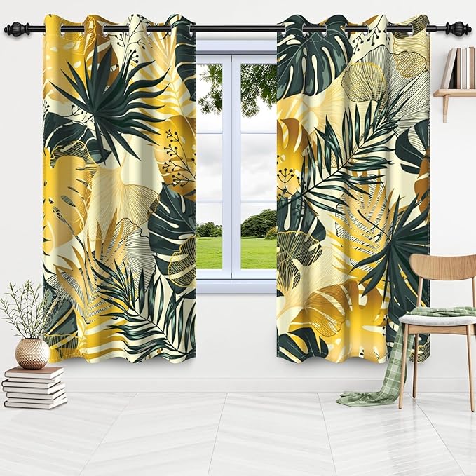 Green and Gold Leaves Blackout Curtains Tropical Jungle Plants Gold Palm Leaf Window Curtains for Bedroom Living Room Home Decor Palm Leaves Botanical Decorative Drapes,53x72 inch,2 Panels