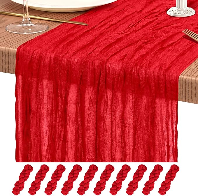10 Pack Red Cheesecloth Table Runner 10FT Boho Gauze Cheese Cloth Table Runners Romantic Rustic Sheer Table Decorations for Wedding Party Baby Shower Birthday Holiday Home