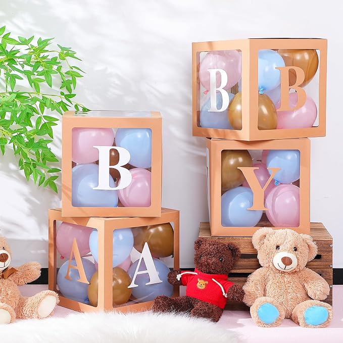 Zhanmai Baby Boxes for Bear Baby Shower Decoration with 4 Letters 36 Balloons 4pcs Transparent Clear Balloon Box Blocks for Boy Girl Balloon Boxes Gender Reveal Party Favors(Khaki,Blue, Pink)