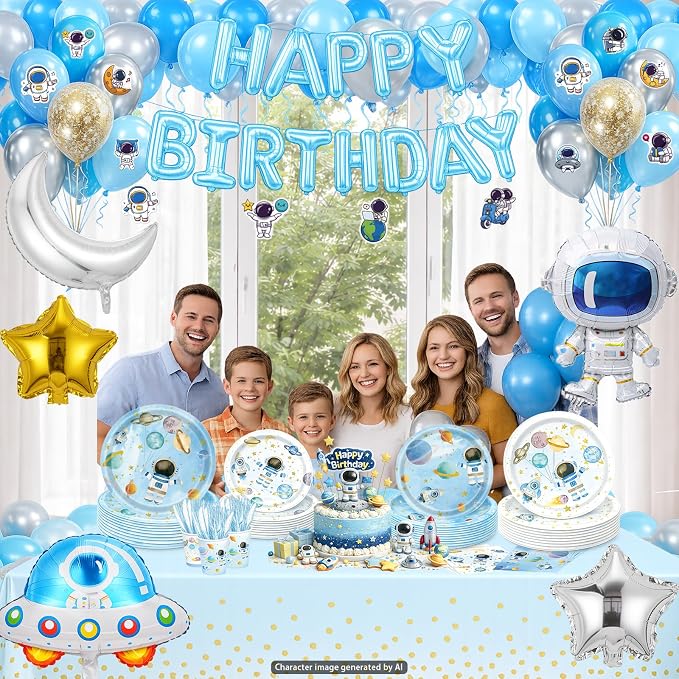 222Pcs Space Themed Party Decorations, Birthday Tableware Set | 2-design plates, cups, napkins, cutlery, foil balloons, tablecloth & stickers for 24 guests
