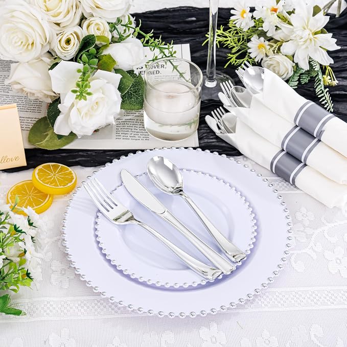 Supernal 100pack Silver Plastic Silverware with Napkins, Prewrapped & Rolled Silver Disposable Utensils (100 Forks, 100 Spoons, 100 Knives), Heavy Duty Cutlery Set with Napkin for Wedding & Party