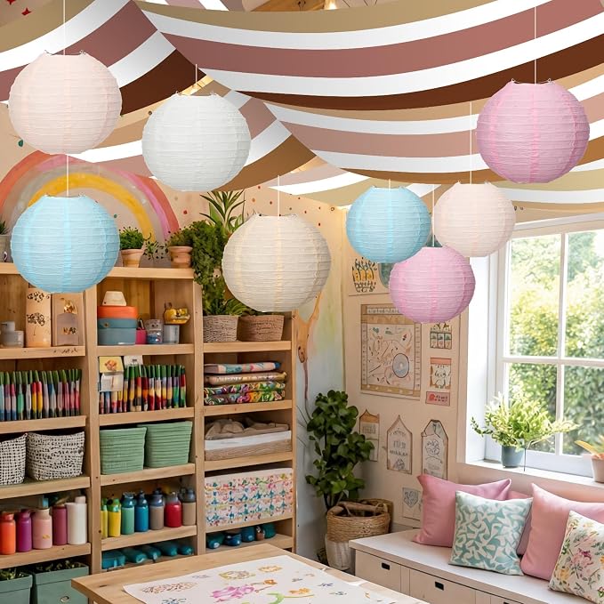 11 Pcs Boho Classroom Ceiling Decor Include 12 x 2 ft Fluorescent Light Covers 8 Packs Pastel Paper Lanterns Props DIY Hanging Ornament for Classroom Daycare Nursery Party Decorations