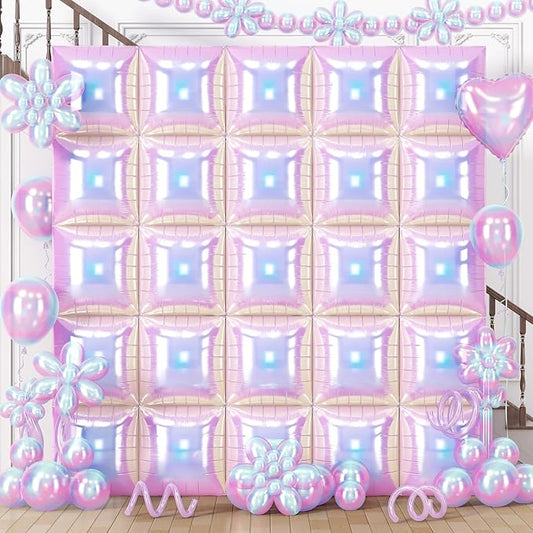 Iridescent Balloons Wall Square, 25Pcs Transparent Laser Foil Balloon Backdrop, Double Sided Gradient Crystal Colorful Balloon Tunnel Arch Background for Birthday Wedding Baby Shower Easter Rainbow