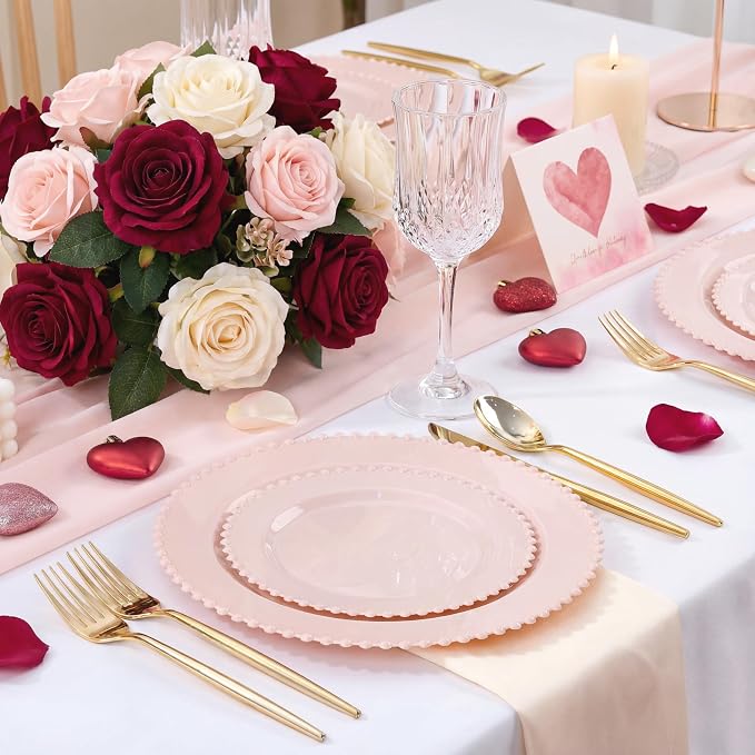 U-QE 60PCS Pink Plastic Plates - Heavy Duty Beaded Pink Disposable Plates for Mothers Day, Party, Baby Shower, Wedding - Serving 30 Guests Include 30PCS 10inch Dinner Plate & 30PCS 7inch Dessert Plate
