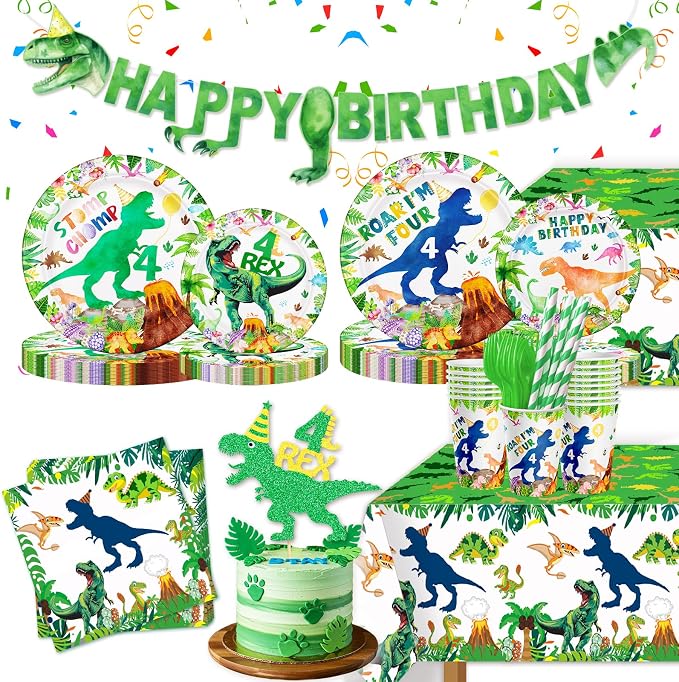148ps Roar I’m Four Dinosaur 4th Birthday Decorations Boy Dinosaur 4th Bday Tableware Jungle T-rex 4 Rex Dino Plates Napkins Cups Banner Tablecloth Dino Party Supplies Decor Serve 24