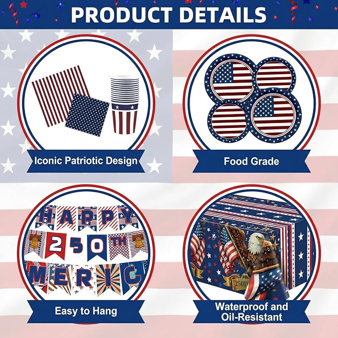 140 Pack 250th Anniversary Decorations- Serve 24 - Patriotic Plates Tablecloth Napkins Cups Banner | 4th of July Accessories for 250th Anniversary Merchandise Home Indoor Outdoor