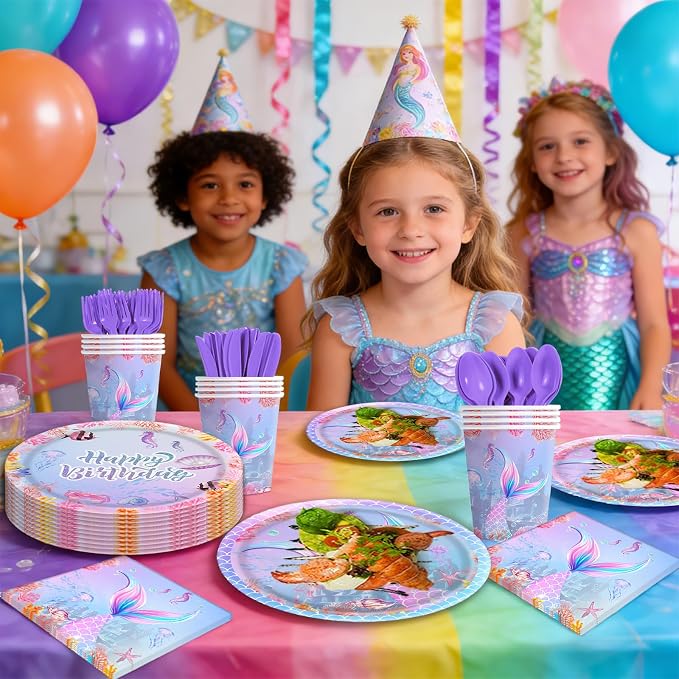 140pcs Mermaid Birthday Party Decorations Set Mermaid Party Supplies Includes Plates, Napkin, Fork, Cup Baby Shower Ocean Birthday Party Decorations, Serves 20