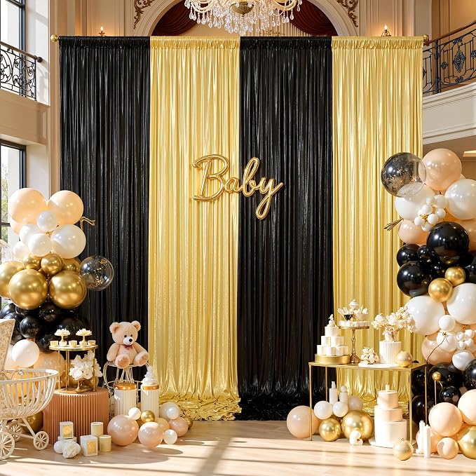 20ftx10ft Black and Gold Sequin Backdrop Curtain Panels for Parties, Wrinkle Free Glitter Photo Backdrop Drapes 4 Panels 5x10FT Shimmer Back Drop Cloth for Wedding Birthday Photography Background