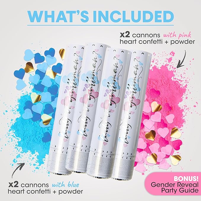 PrimePure Gender Reveal Confetti Cannon - Biodegradable Powder & Heart Shaped Confetti Poppers - 2 Pink & 2 Blue, 4 Pack - Baby Boy or Baby Girl Gender Reveal Smoke Bomb - Powder Cannon Party Poppers