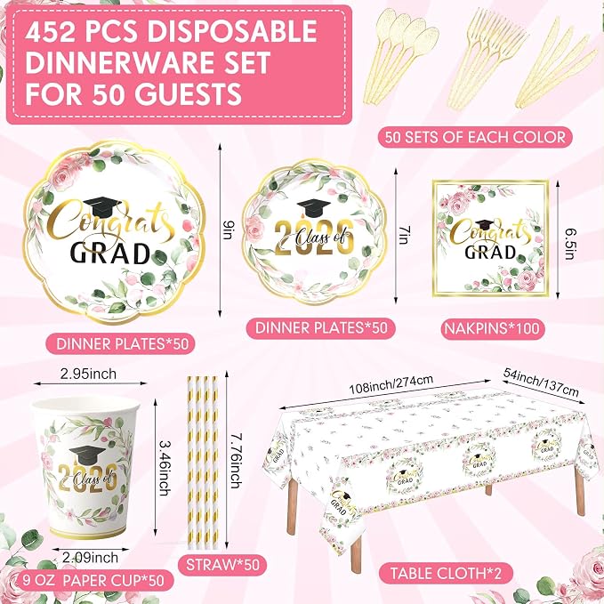 Funnymoom 452 Pcs Class of 2026 Pink Floral Graduation Decoration Party Supply for 50, Pink Gold Congrats Grad Paper Plates Napkins Cup Tablecloth Cutlery Straw for Freshly Graduated Decoration