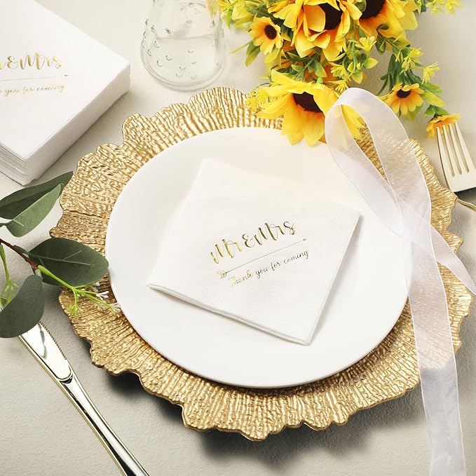 Teling 400 Pcs Wedding Napkins for Reception, 3 Ply Mr Mrs Wedding Cocktail Napkins for Engagement Bridal Shower Party Supplies Beverage Dessert Table Decorations(White)