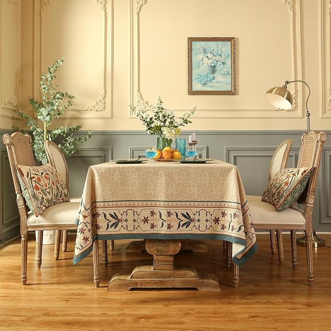 patdrea Designer French Linen Tablecloth,Rectangular,102"x63"-Fram | Elegant Durable Large Table Cloth for Rectangle Table,Vintage Block Print,for Dining Room Tea Party Thanksgiving,Beige