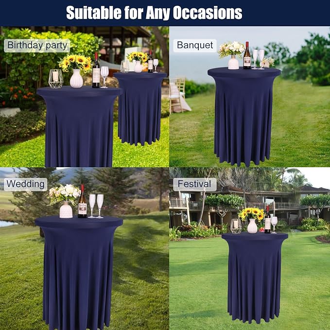 Fivenl 6 Pack Round Cocktail Tablecloth 32"x 43" Spandex Cocktail Table Skirt, Washable Stretch Fitted Table Covers for High Top Bar,Wedding,Party,Events (Navy Blue)