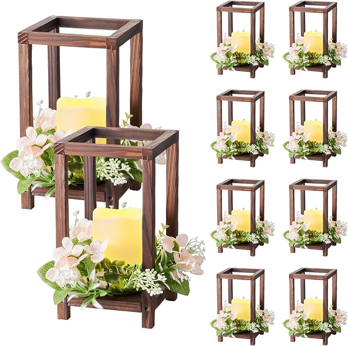 VEVOR 10 Set/30 Pcs Wooden Wedding Lantern Centerpiece, Includes 10 Wooden Lantern Candle Holder 10 Flameless LED Candle 10 Champagne Flower Wreath for Wedding Table Party Farmhouse Decor, Brown