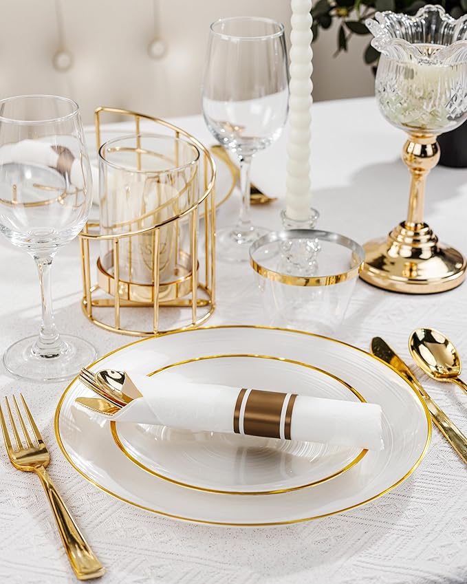 Morejoy 175PCS Pearl White and Gold Plastic Plates - Disposable Gold Party Plates & Pre Rolled Napkins with Cutlery for 25 Guests, 50Plates, 75Silverware, 25Cups, 25Napkin for Party & Mother's Day