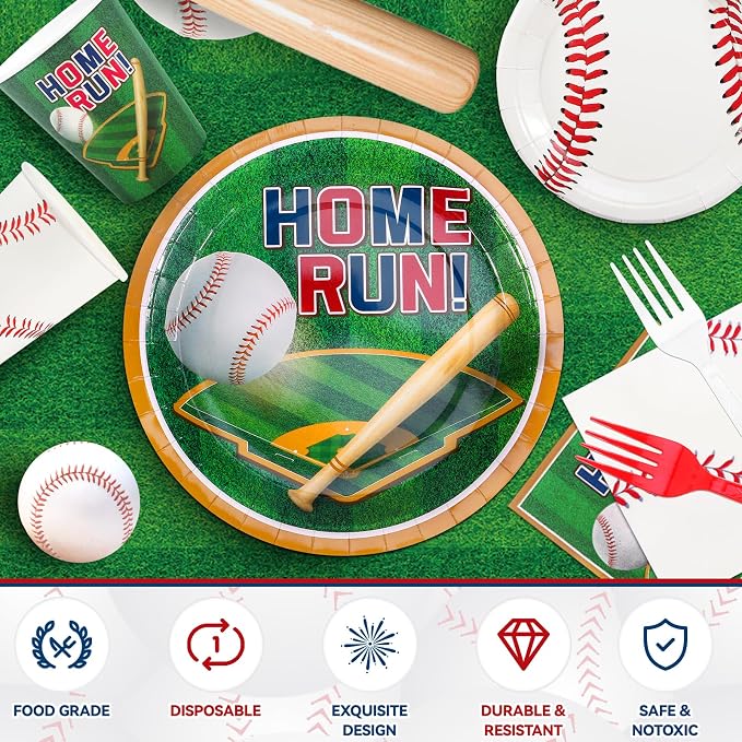 Baseball Party Decorations for 24 - Baseball Party Supplies Bundle with Plates, Napkins, Cups, Banner,Tablecloth and Balloons Perfect for Birthday & Gameday Celebrations