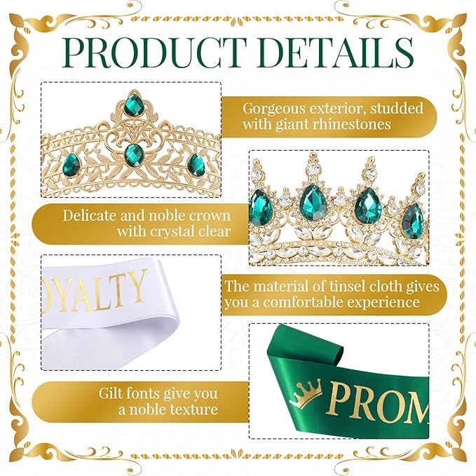 Saintrygo 12 Pcs Prom Crown and Sash Set, Prom King and Queen Tiara Rhinestone Crown Glitter Court Royal Satin Sash for 2026 Graduation Ball Dance Night Party Birthday Accessory(Green,Elegant)
