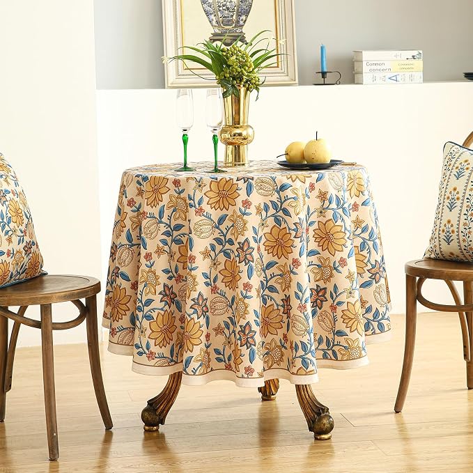 ISAENNE Designer Vintage Linen Round Tablecloth,Diameter 55"-Estevan B | French Elegant Beautiful Printed Table Cloth,Orange Floral Pattern,Durable,Dining,Kitchen,Tea Party,Thanksgiving,Decor