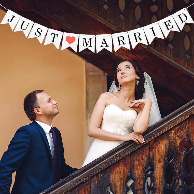 Just Married Banner for Wedding Table - Mr. & Mrs. Wedding Decoration Items, Rose Gold Wood Letter, Anniversary Party Valentine's Day Vintage Decor