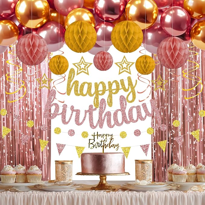 Rose Gold and Gold Birthday Party Decorations Set - Happy Birthday Banner Balloons Foil Curtains Hanging Swirls for Women Girls Birthday Party Supplies