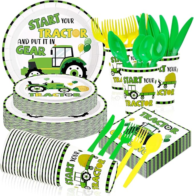 168Pcs Tractor Birthday Party Supplies Start Your Tractor and Put it in Gear Plates Napkins Cups Tractors Tableware Sets Farm Theme Decorations for Baby Shower Birthday Party Decorations Serves 24