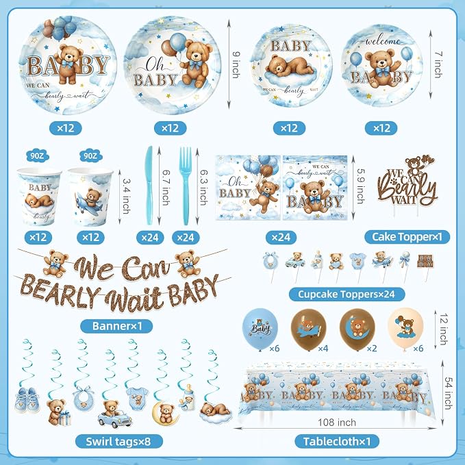 205 Pcs Blue Bear Baby Shower Decorations Boy - Serve 24, Baby Boy Party Supplies Set with Banner, Plates, Napkins, Tablecloth, Balloons, Swirls, Cake Toppers