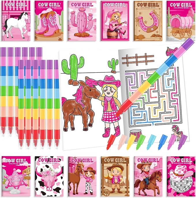 BenLouis 24 Cowgirl Mini Coloring Books Kids with 24 Stacking Crayons Western Girl Party Favors Activity Books Bulk for Kids Wild West Horse Goodie Bag Gift Stuffer Classroom Reward