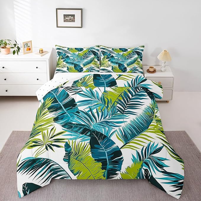 jejeloiu Palm Leaf Comforter Set Twin Size Kids Tropical Leaves Pattern Bedding Set for Boys Girls Summer Boho Bohemian Style Botanical Branches Nature Theme Duvet Quilt Room Decor