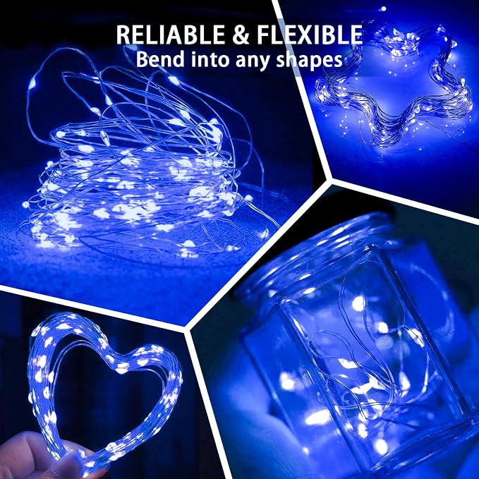 50 Pack Blue Fairy Lights 7Ft 20 LED Twinkle String Lights 3 Modes Battery Operated Waterproof Firefly Starry for Mason Jar Wedding Party 4th of July Christmas Day Table Centerpieces