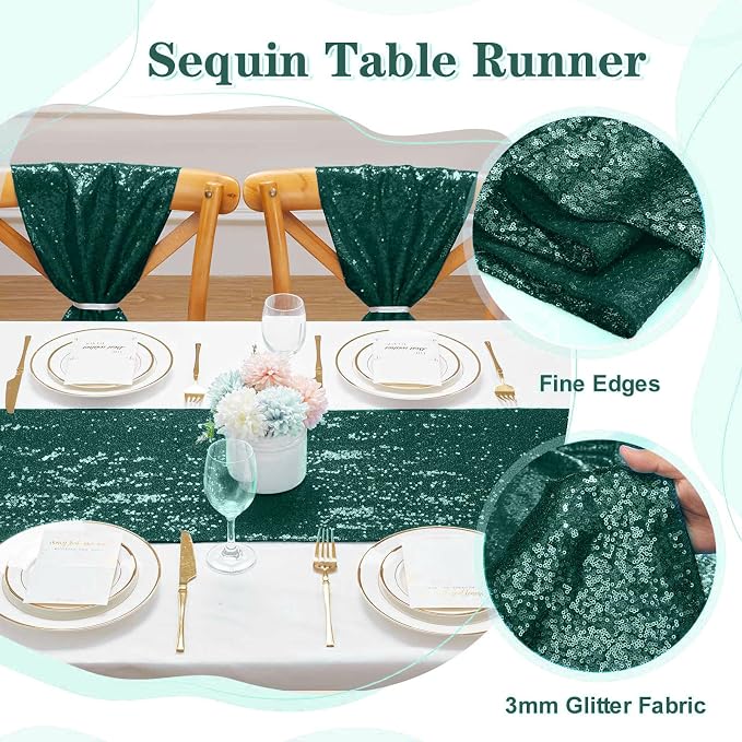 Sequin Table Runners 10 Pieces Emerald Green Table Runners 12x108 Inch Glitter Dining Table Cover for Party Wedding Birthday Reception Banquet Decoration Spring Party Chair Sashes