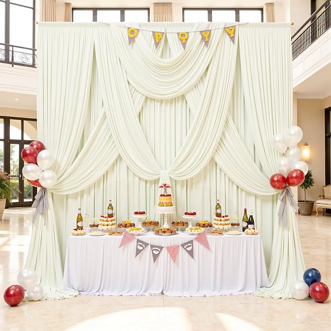 50ft×12ft Ivory Backdrop Curtain for Wedding Parties, 10 Panels Wrinkle Free Polyester Photo Backdrop Drapes Back Drop Cloth for Birthday Photography Background