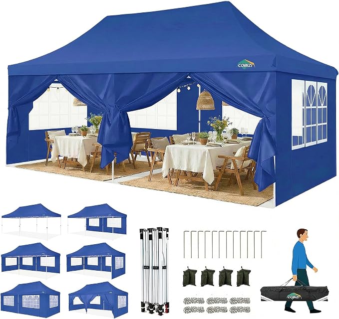 COBIZI Canopy 10x20 Pop Up Canopy Tent with Sidewalls, Waterproof Commercial Canopy Ez Outdoor Instant Gazebo UV Protection 50+ Event Shelter, Garden Tents for Parties with Sandbags, Ocean Blue