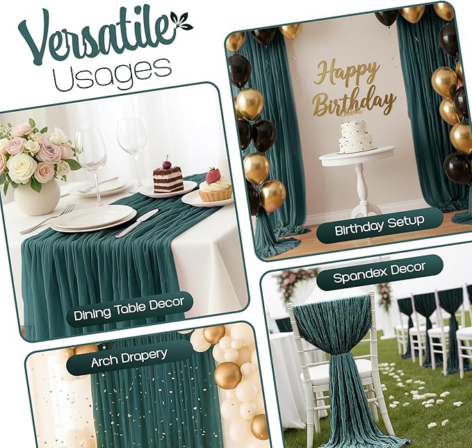 12 Pack Emerald Green Cheesecloth Table Runners 10FT Long – 35 x 120 Inch Boho Gauze Table Runners for Engagement, Wedding, Baby Shower & Home Decor – Soft Wrinkled Polyester Fabric