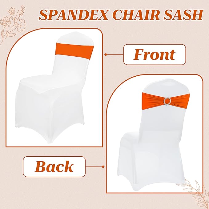 VDS - Orange | Spandex Chair Sashes Bows | 150 PCS | Stretch Elastic Banquet Universal Folding Chair Band Tie with Silver Buckle Slider for Wedding Party Conference Celebration Event Decoration