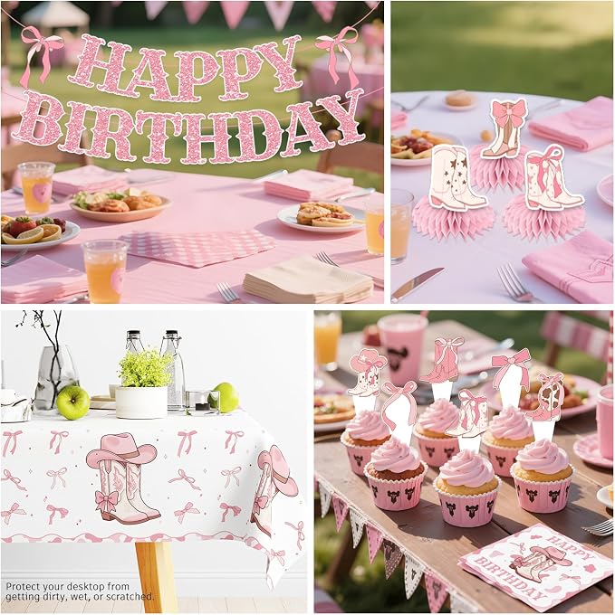 Xynic 213pcs Boots and Bows Party Decorations, Convenient Paper Tableware Set Includes 50pcs 350gsm Plates 24pcs Cupcake Toppers and 2 Pcs Tablecloths, Cowgirl Birthday Party Decorations for Girl