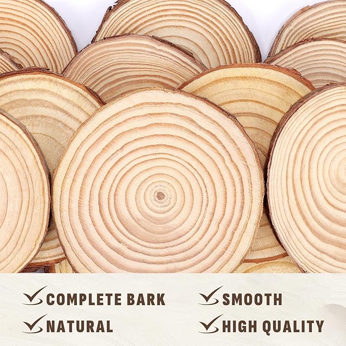FUMILE Unfinished Natural Wood Slices 3.5-4 Inch, 10 PCS Round Wooden Discs with Tree Bark, Wood Rounds for Crafts Christmas Ornaments, Wood Circles for Rustic Wedding Decoration