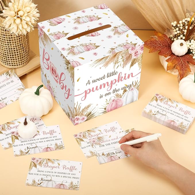 Teling 51 Pieces Diaper Raffle Tickets with Card Box Baby Shower Decorations Baby Shower Holder Box for Girl Boy Diaper Raffle Party(Boho Pumpkin)