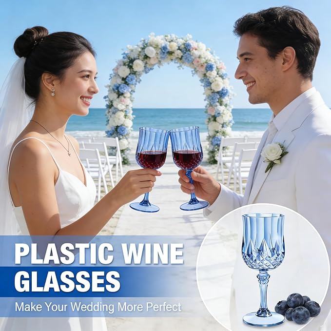 24PCS 7oz Plastic Wine Glasses Drinking Unbreakable Glassware Goblets Cups Blue Water Reusable Vintage Champagne Flutes for Valentine’s Day, Parties, Wedding (24, Blue)