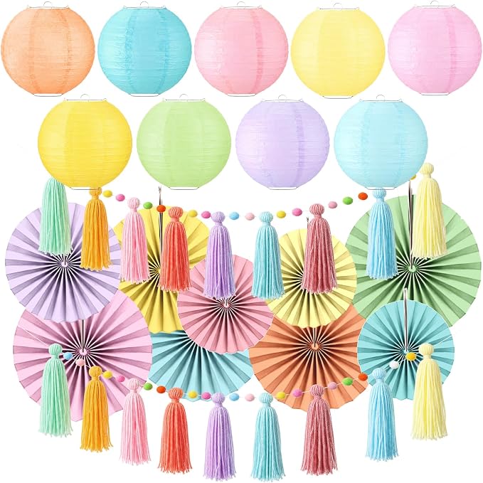 Feifeiya 20 Pcs Pastel Party Decorations for Classroom include 9 Hanging Paper Lanterns 9 Paper Fans 2 Pastel Rainbow Tassel Garland for Classroom Home Decor Birthday Baby Shower Wedding Supplies