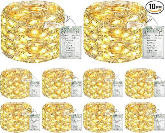 10 Pack 16FT 50 LED Fairy Lights Battery Operated with Timer, 8 Modes USB Mini Twinkle Light, Small String Lights for Christmas Tree Wreath Vase Bedroom DIY Party Decorations-Warm White