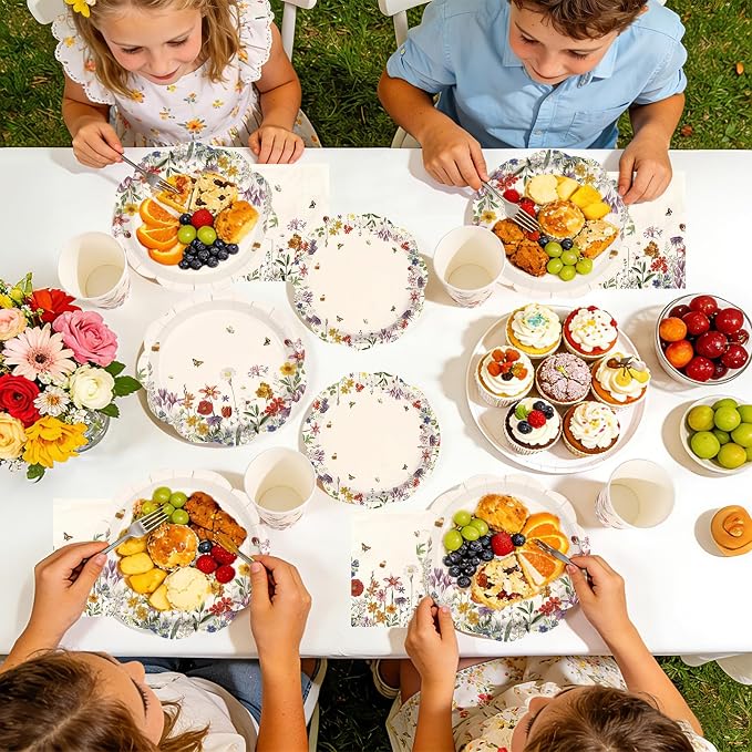 250Pcs Vintage Wildflower Party Supplies Retro Floral Scalloped Plates Napkins and Cups Butterfly Flower Tableware Set for Spring Summer Home Baby Shower Garden Party Decorations Serves 50