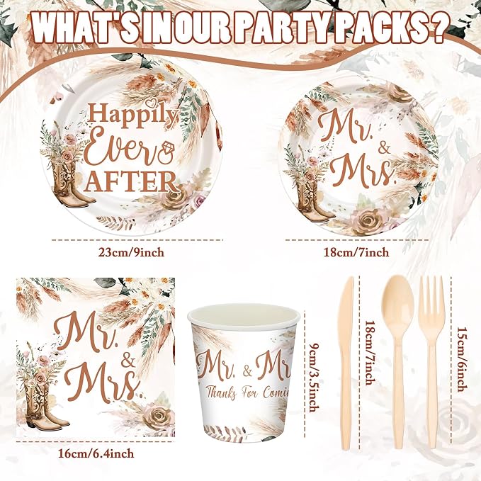 168 Pcs Boho Cowgirl Bridal Shower Party Supplies Happily Ever After Decorations Wedding Plates and Napkins Western Engagement Tableware Set Mr and Mrs Disposable Paper Plate Cups Serves 24