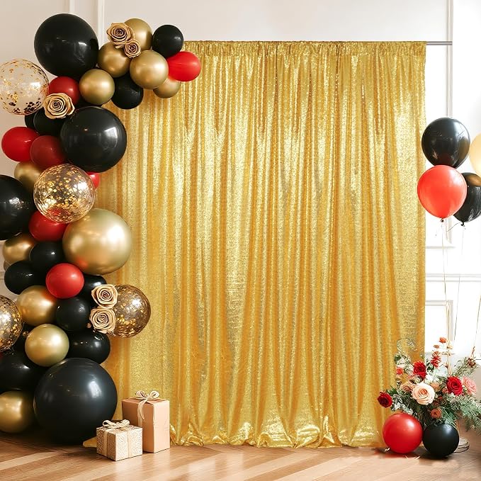 SquarePie 8x8ft Gold Sequin Backdrop for Photography, Satin-Backed Real Sequin Curtain, Enhanced Coverage Shimmering Background with 4" Rod Pocket for Wedding, Birthday, Party Decor, 1 Panel
