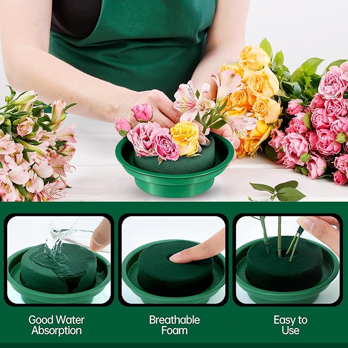 Hahood 32 Packs Floral Foam Rounds in Bowls DIY Flower Arrangement Kit Green Round Wet Flower Foam Blocks for Fresh and Artificial Flowers Arrangements, Birthday Wedding Party Decors