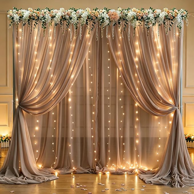 20 x 10ft Taupe Chiffon Backdrop Curtain with Lights String for Parties,4 Panels Sheer Tulle Curtain Wedding Backdrop for Baby Shower Birthday Party Ceremony Reception Home Decorations