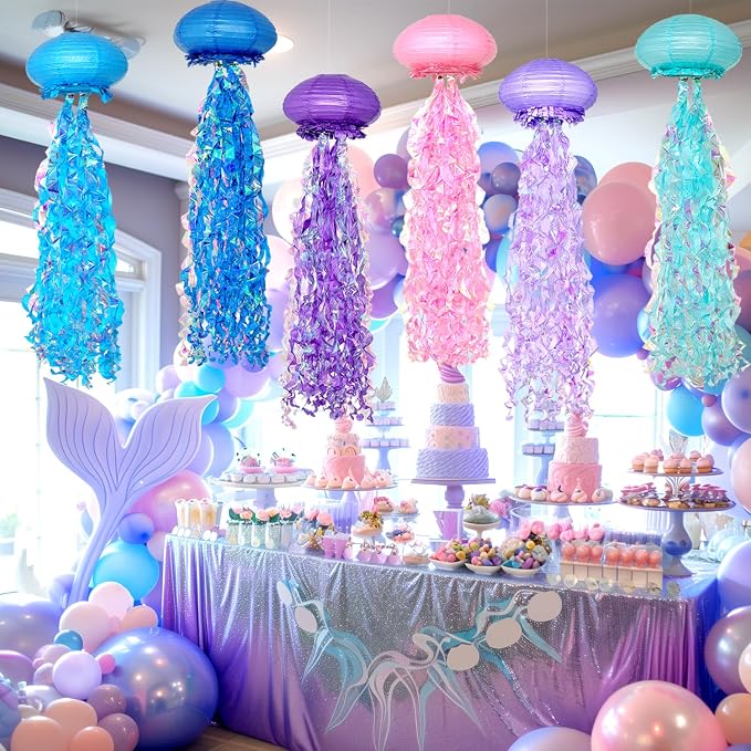 OBXT Hanging Jellyfish Lanterns Multi-Color 6 Pack - Ocean-Themed Decor for Under the Sea Mermaid Birthday Party Classroom & VBS Baby Shower Beach Theme