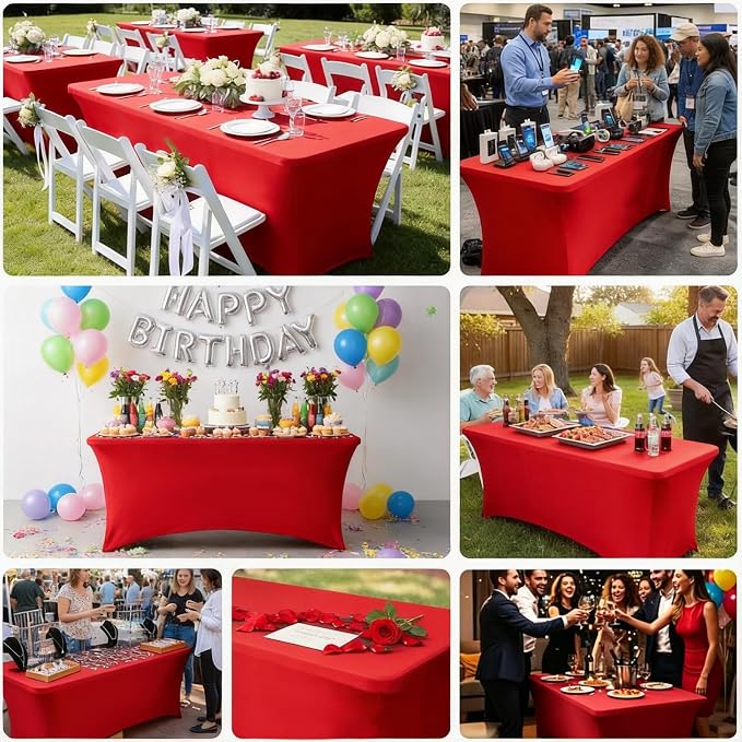 Red Spandex Tablecloth 6 Pack, 8FT Fitted Stretch Table Cloth with Reinforced Foot Pockets for 96 x 30 x 30 Inch Rectangle Tables, Washable Table Covers for Trade Shows, Weddings, Parties